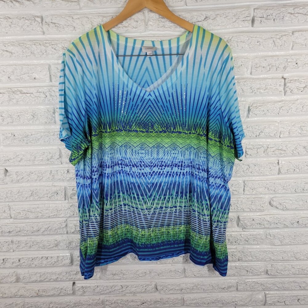 Avenue Women's 26/28 Tee Blue Green Geometric Studded V-Neck Stretch GEO237E